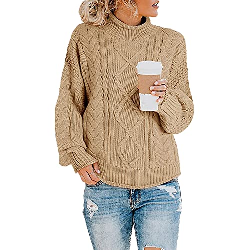 each women Damen Rollkragenpullover Langarm Oversized Pullover Weiches Baumwoll-Strick-Sweatshirt mit Zopfmuster von each women