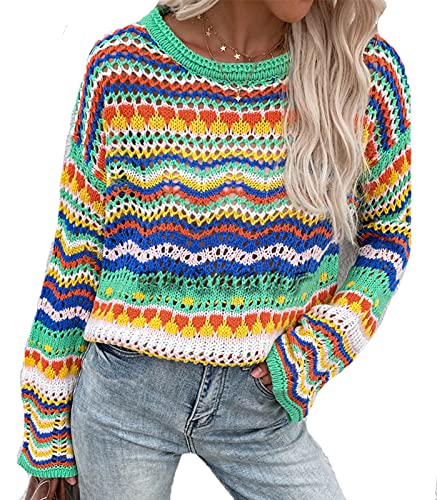 each women Damen Strickpullover mit Streifen Weiche Leichte Pullover Langarm Bunte Übergroße Pullover von each women