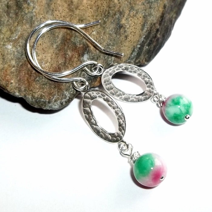 Wassermelone Jade Ohrringe Sterlingsilber Draht Gewickelt Rosa Grün Edelstein Energie Earthegy #148 von earthegy