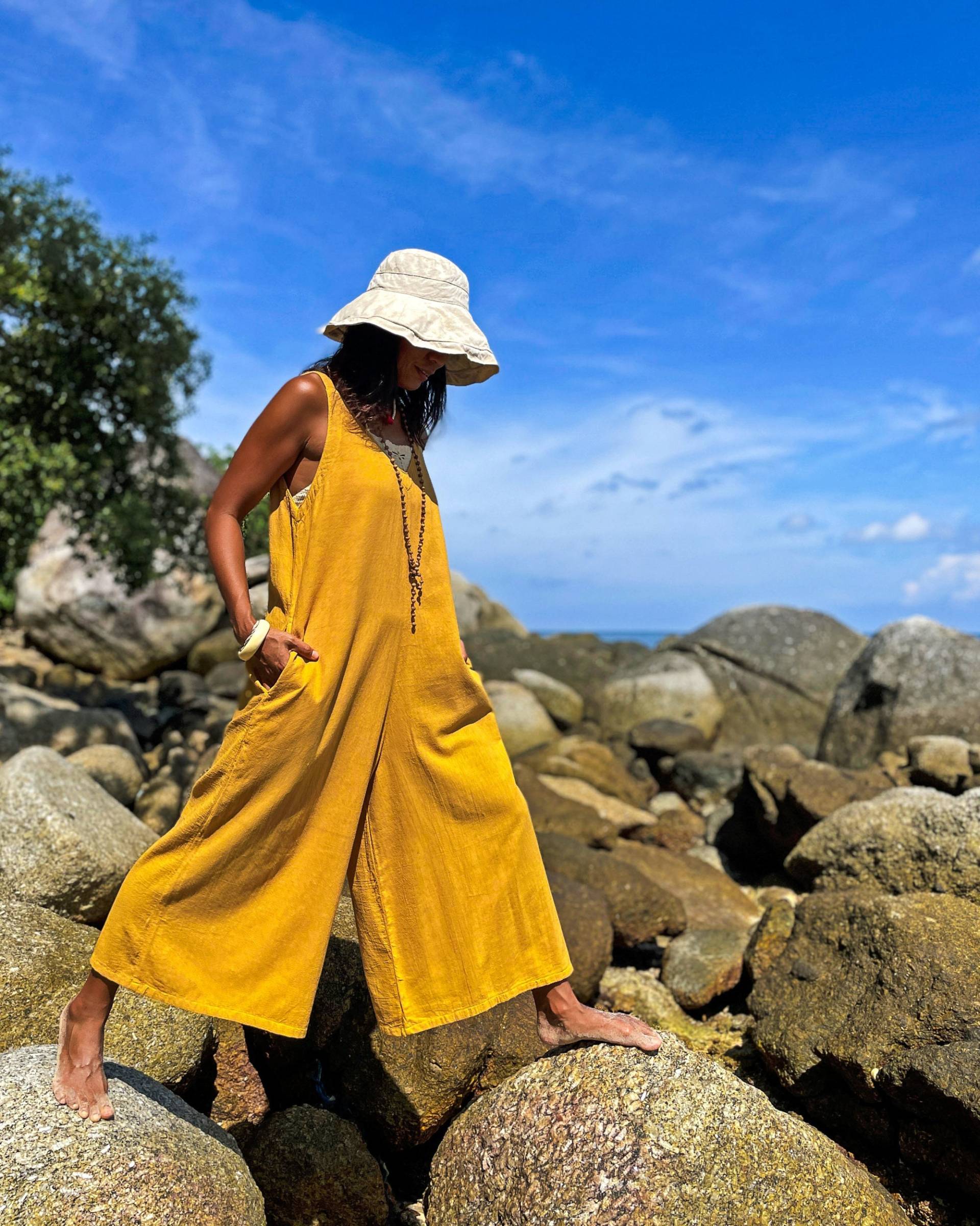 Gelber Overall, Senf-Overall, Senf-Kleidung, Baumwoll-Overall, Strand-Overall, Senf-Kleid, Gelbes Baumwoll-Kleid, Lockerer Overall von earthernwear