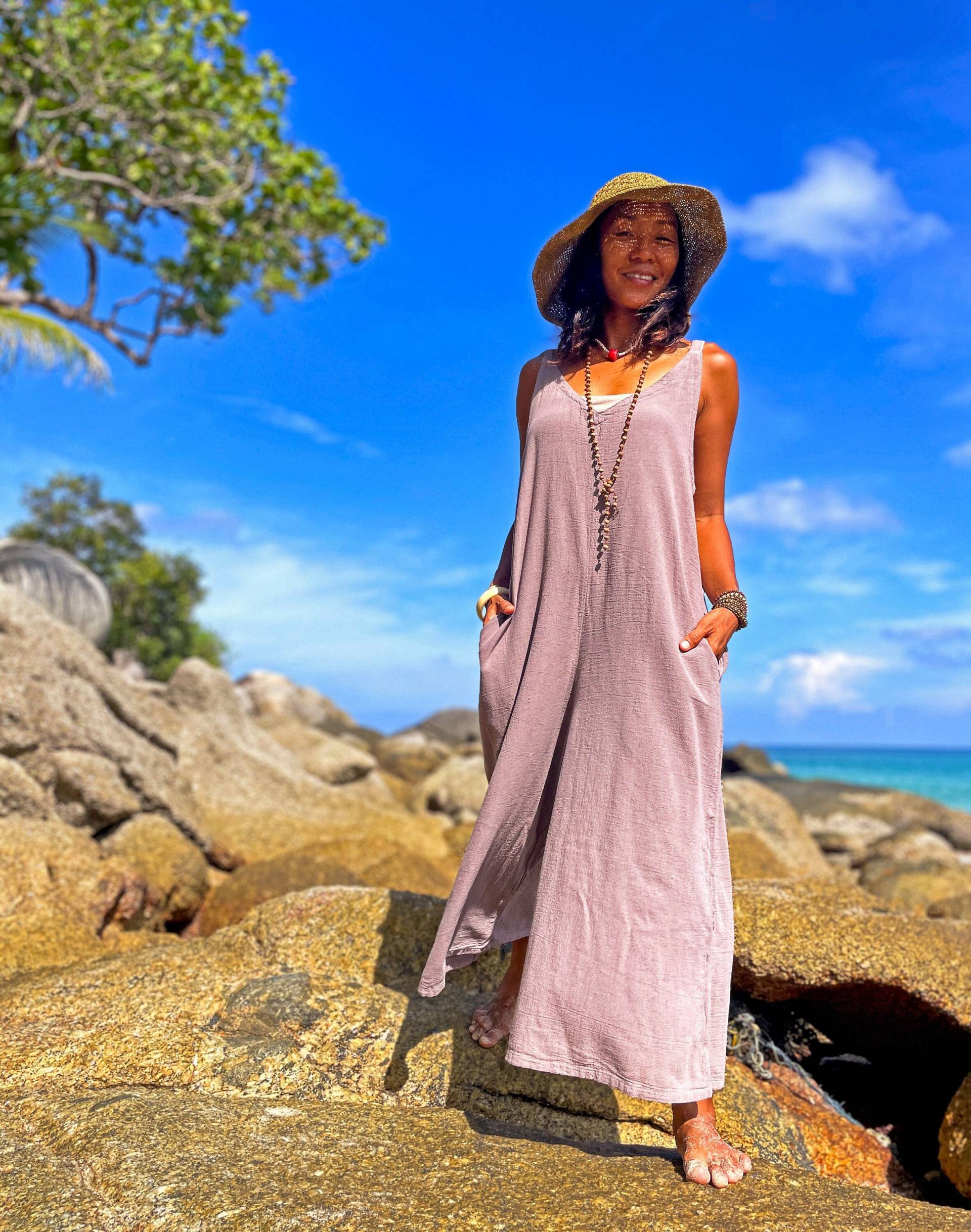 Taupe-Overall, Hellvioletter Jumpsuit, Baumwoll-Overall, Jumpsuit Mit Tasche, Strand-Overall, Overall Damen, Baumwoll-Overall, Sommer-Overall von earthernwear