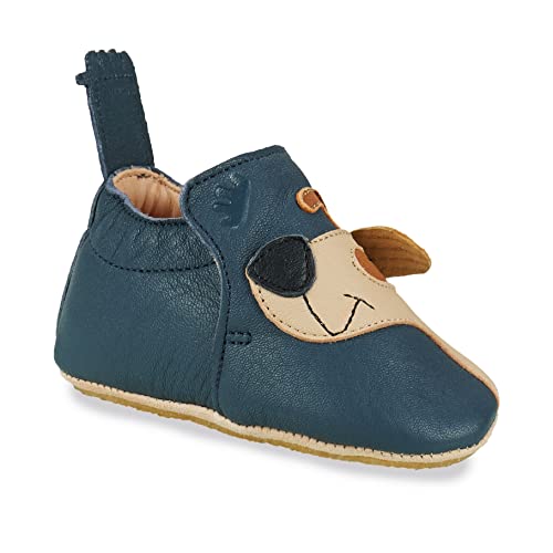 Easy Peasy Krabbelschuhe Blublu Baby Lauflernschuhe Jungen Mädchen Weicher Leder Babyhausschuhe Kleinkind rutschfest mit herausnehmbare Einlegesohle, Motiv: Hund Farbe: Dunkelblau, Gr. 24 von easy peasy