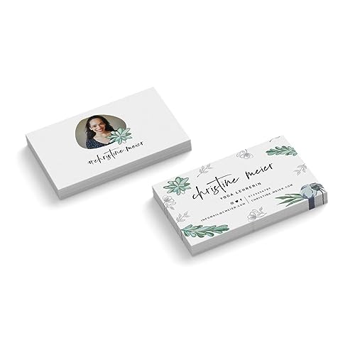 Visitenkarten mit Foto direkt personalisieren | Yoga Lehrerin | Instructor | 2-seitig | weiß grün | Querformat | Menge + Papier zur Auswahl | 350 g Qualitätsdruck | Blumen | Studio (100 Stück) von easyprint