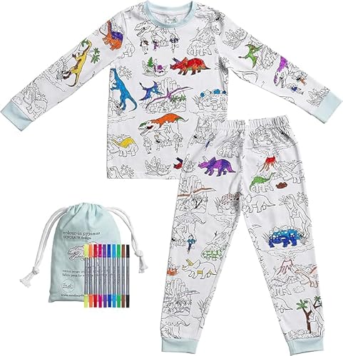 eatsleepdoodle Snug Colouring Pyjamas for Kids with 10pk Washable Pens (DE/NL/SE/PL, Alter, 4 Jahre, 5 Jahre, Regular, Dinosaur) von eatsleepdoodle
