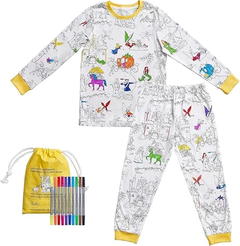 eatsleepdoodle Snug Colouring Pyjamas for Kids with 10pk Washable Pens (DE/NL/SE/PL, Alter, 6 Jahre, 7 Jahre, Regular, Fairy Tale) von eatsleepdoodle