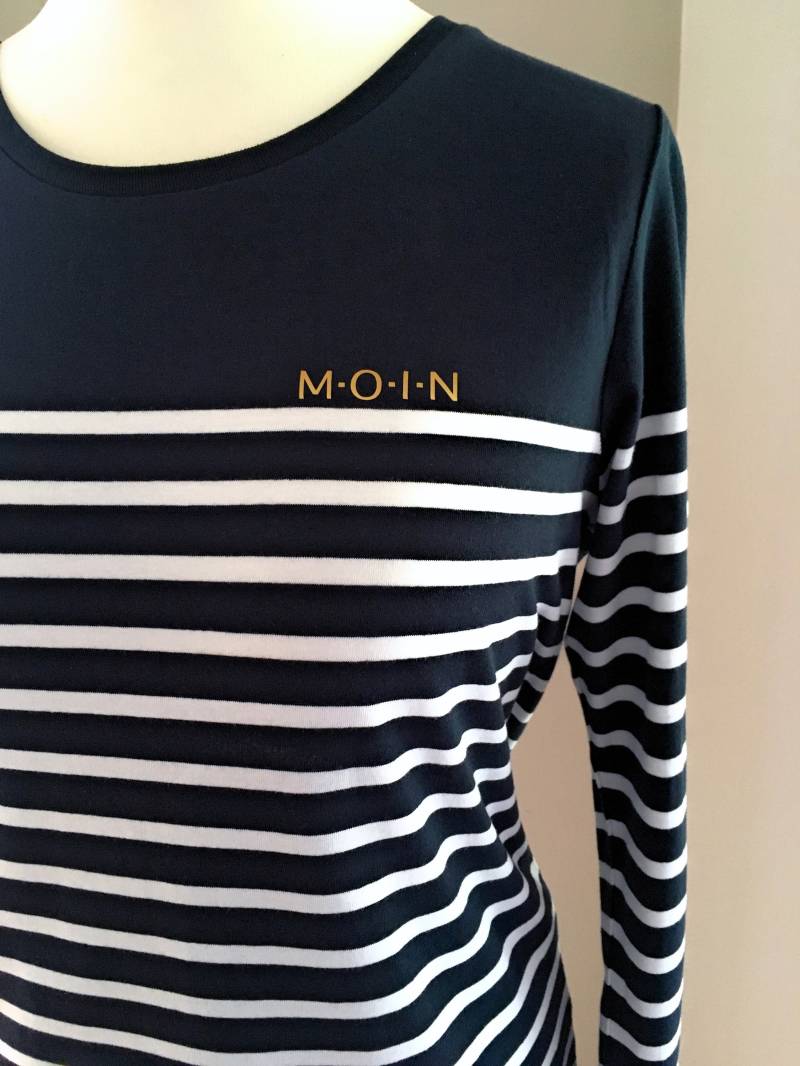 Ebbe Und Flut Leichtes Damen Langarmshirt Moin Dunkelblau Weiß Gestreift - Maritimes Damenshirt Slim Fit Ebbe Flut® von ebbeundflut