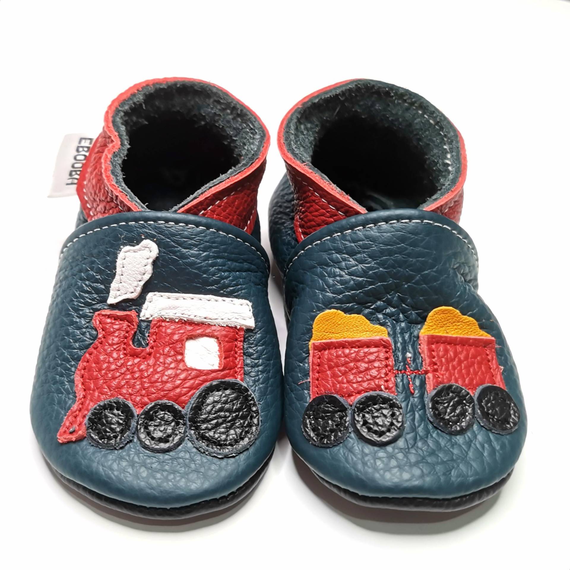 Krabbelschuhe Große 21/22 Blau, Lederpuschen Lokomotive 18-24 Monate Kinder, Ebooba von ebooba
