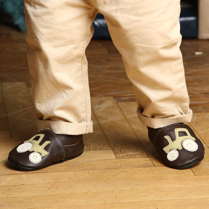 Krabbelschuhe Große 26/27 Olive Auto Traktor Dunkelbraun 4-5 Jahre, Ebooba von ebooba