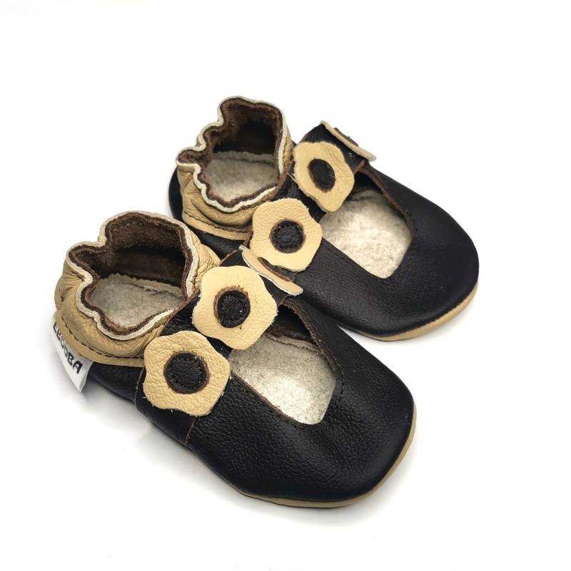 Krabbelschuhe Lederpuschen Lederschuhe 16/17/18 Sandalen Dunkel Braun Beige Blume 0 6 M Ebooba 559-1 von ebooba