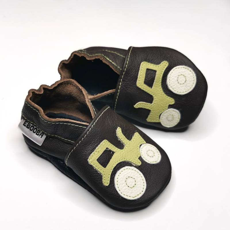Krabbelschuhe Lederpuschen Lederschuhe 19/20 Olive Auto Traktor Dunkelbraun 12 18 Ebooba von ebooba
