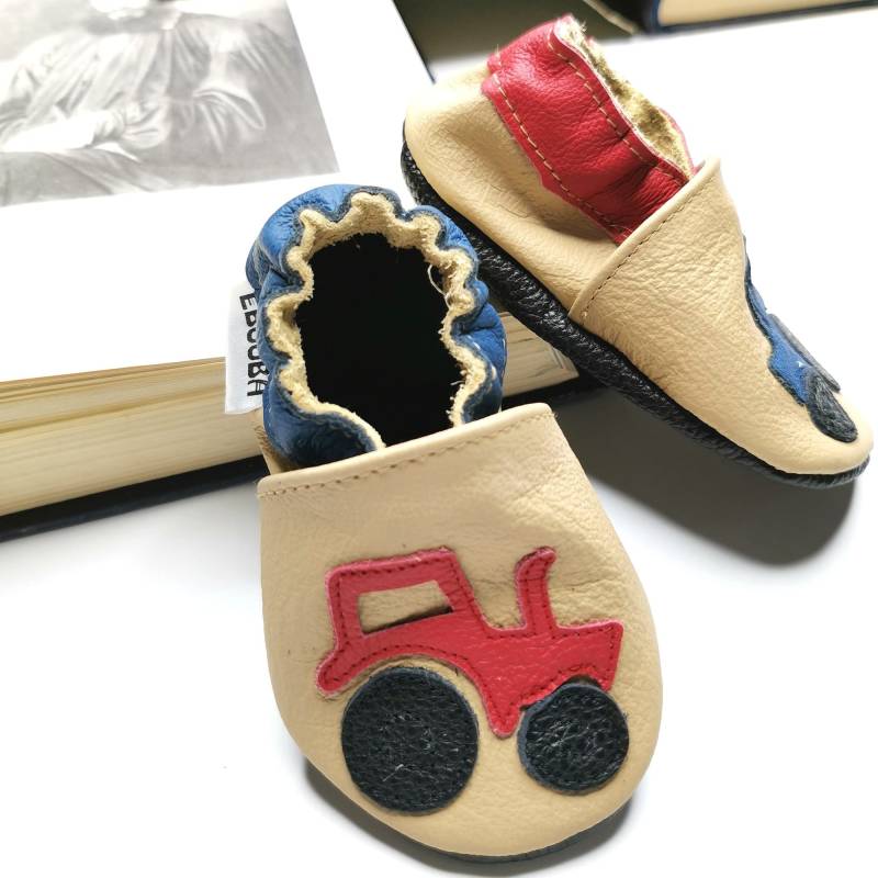 Krabbelschuhe Lederpuschen Lederschuhe 19/20 Roter Blauer Traktor Beige 6-12 Monate, Ebooba von ebooba