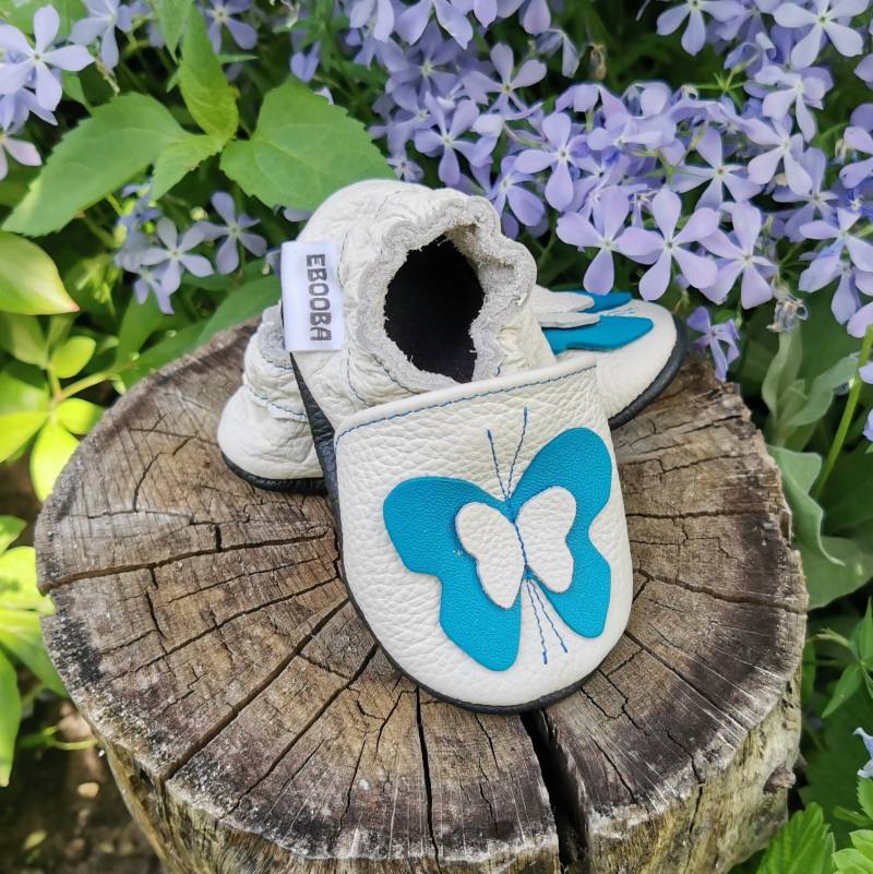 Krabbelschuhe Lederpuschen Lederschuhe 21/22 Weiß Blauer Schmetterling 12 18 Ebooba 77-3 von ebooba