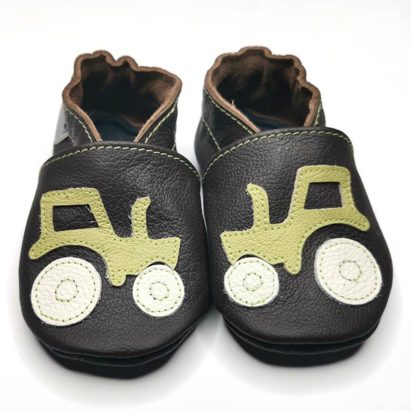 Krabbelschuhe Lederpuschen Lederschuhe 23/24 Olive Auto Traktor Dunkelbraun 12 18 Ebooba von ebooba