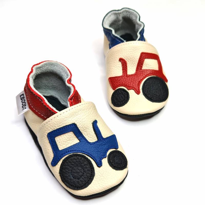 Krabbelschuhe Lederpuschen Lederschuhe 23/24 Roter Blauer Traktor Beige 18 24 Ebooba von ebooba