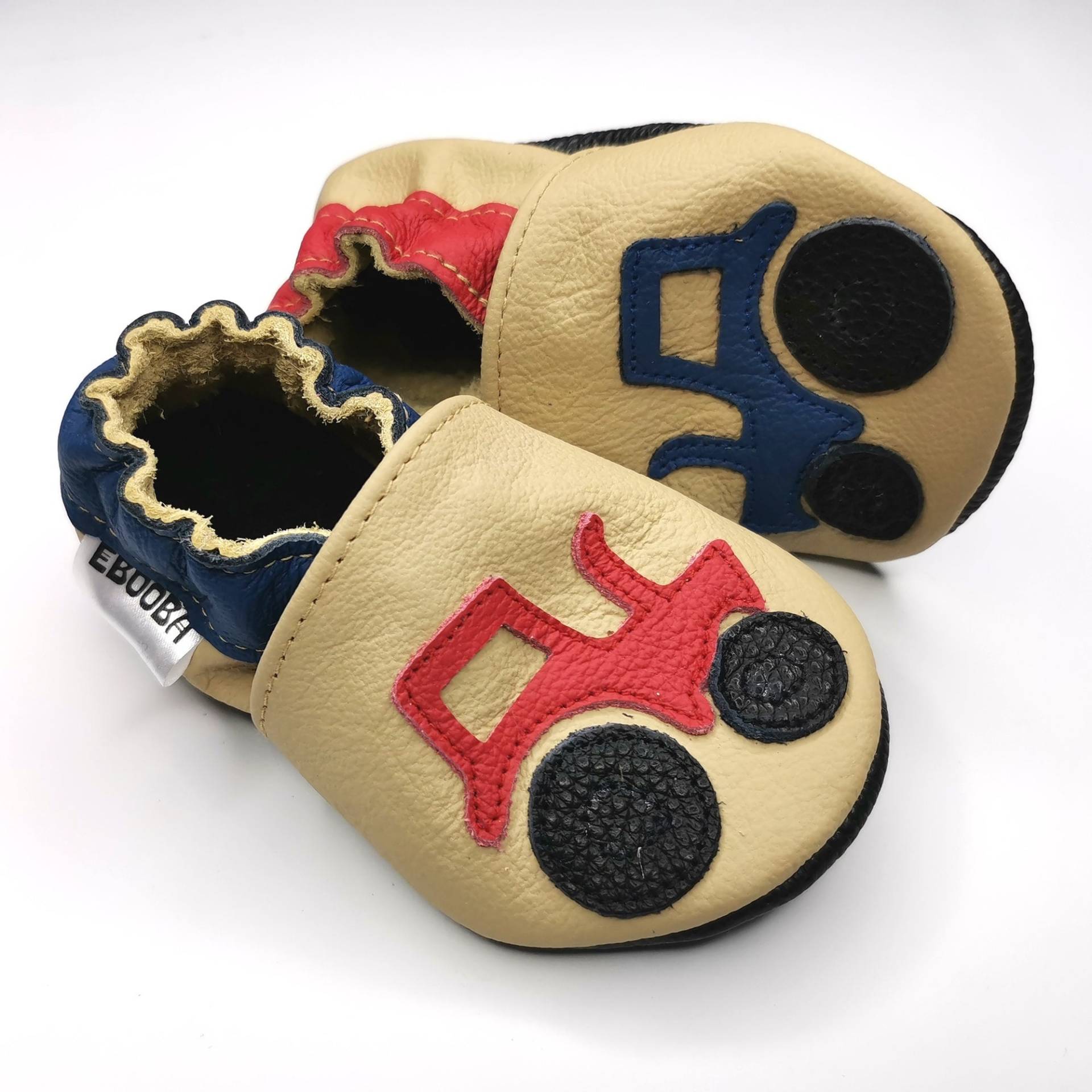 Krabbelschuhe Lederpuschen Lederschuhe 25/26 Roter Blauer Traktor Beige 2-3 Jahe Ebooba von ebooba