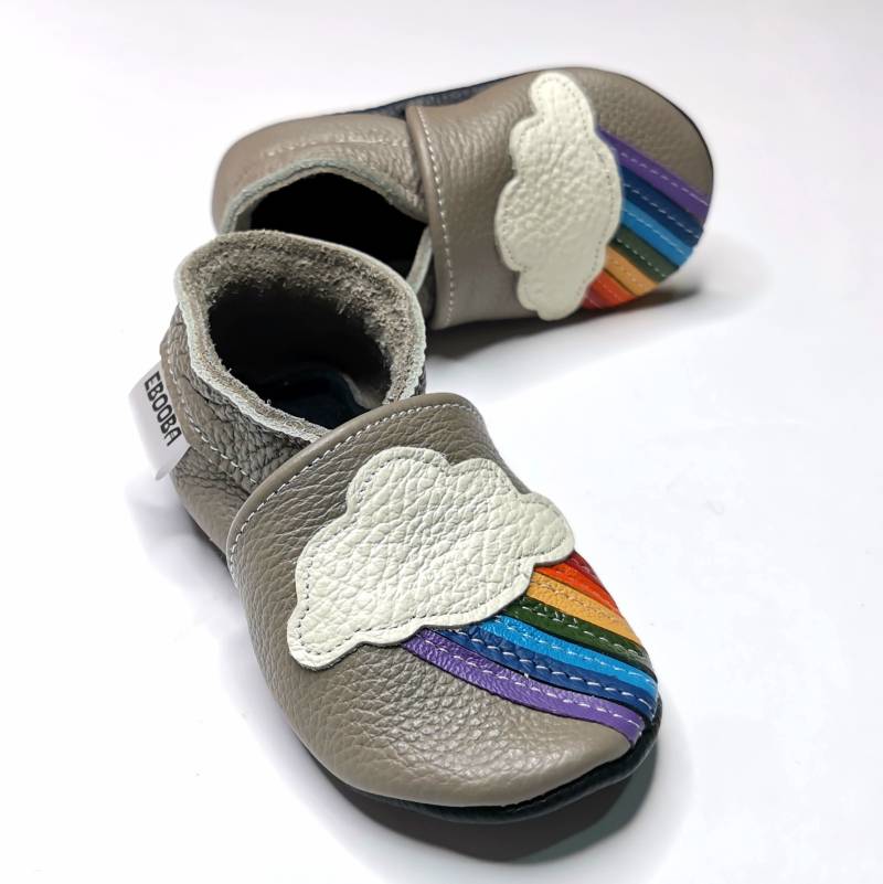 Krabbelschuhe Lederpuschen Regenbogen Auf Grau Lederschuhe Krabbelpuschen Lauflernschuhe 21/22 Ebooba von ebooba