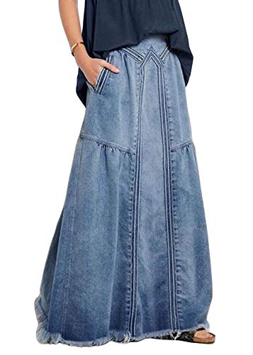 Bossy Damen Lässiger Maxi-Jeansrock mit elastischer Taille und ausgefranstem Saum, A-Linie, Used-Look - Blau - X-Groß von ebossy