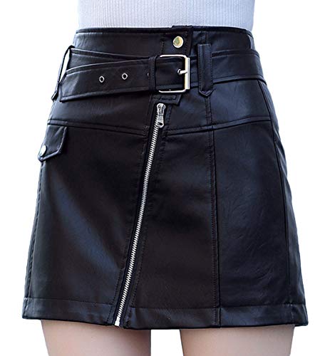 Itemnew Damen Cool Oblique Reißverschluss Hohe Taille Kunstleder Minirock mit Gürtel - Schwarz - X-Groß von ebossy