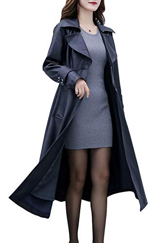 ebossy Bossy Damen Elegant Reverskragen 2 Knöpfe Fit Flare PU Leder Lange Trenchcoat - Schwarz - Groß von ebossy