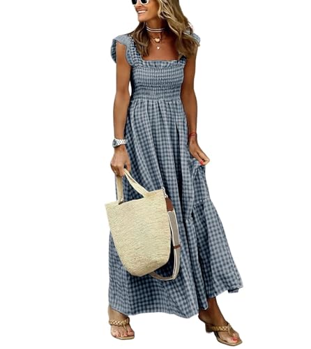ebossy Damen 2025 Fashion Plaid Kleid Ärmellos Gesmokte Rüschen Plissee Boho Party Strand Gingham Maxikleider, Schwarz, Mittel von ebossy