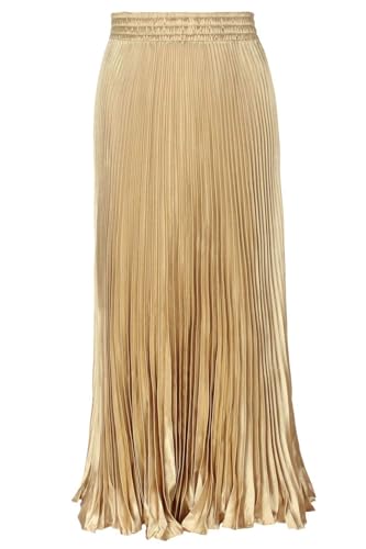 ebossy Damen Boho Satin Metallic Plissee Akkordeon Röcke Elastische Hohe Taille Flowy A-Linie Raffung Maxi Langer Rock, Gold, XX-Large von ebossy