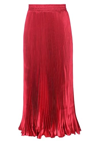 ebossy Damen Boho Satin Metallic Plissee Akkordeon Röcke Elastische Hohe Taille Flowy A-Linie Raffung Maxi Langer Rock (Einheitsgröße, Rot), Rot/Ausflug, einfarbig (Getaway Solids), Einheitsgröße von ebossy
