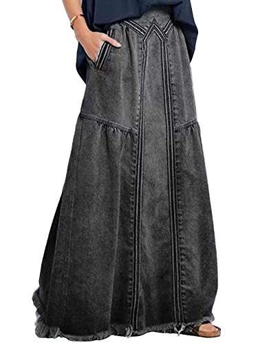 ebossy Damen Casual Elastische Taille Fransen Saum A-Linie Distressed Hippie Lang Maxi Denim Rock - Grau - X-Klein von ebossy