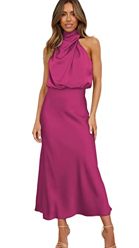 ebossy Damen Elegant Florkragen Ärmellos Satin Promi Abend Party Maxikleid, Rosenrot, X-Klein von ebossy