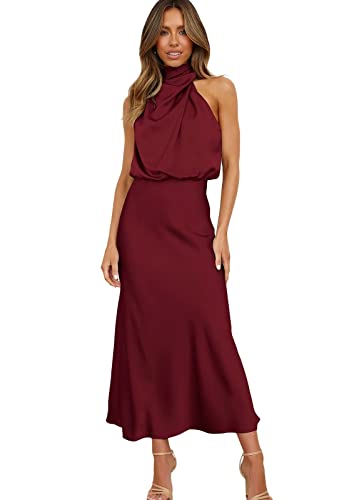 ebossy Damen Elegant Florkragen Ärmellos Satin Promi Abend Party Maxikleid, Weinrot, Klein von ebossy