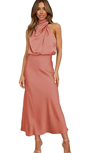 ebossy Damen Elegant Florkragen Ärmellos Satin Promi Abend Party Maxikleid, hellrot, Klein von ebossy