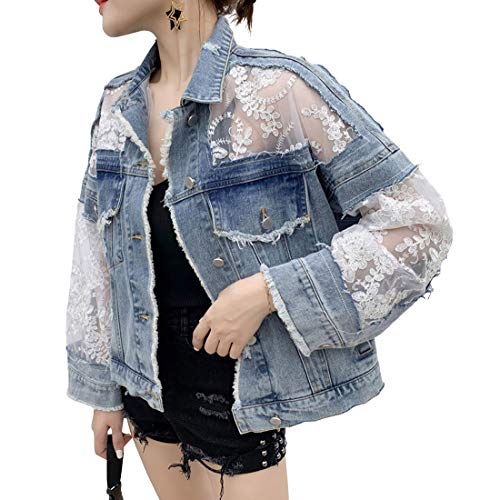 ebossy Damen Jeansjacke mit Blumenstickerei, Spitze, Crop-Stil, Denim-Jacke, zerrissene Distressed - Blau - XX-Large von ebossy