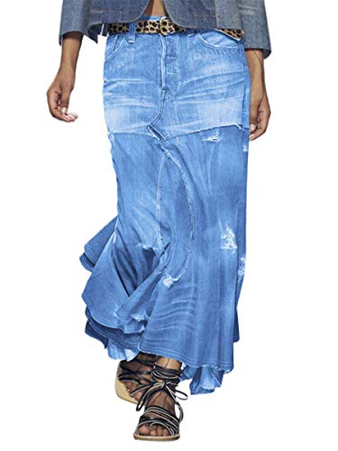 ebossy Damen Mid Rise Distressed Maxi Denim Rock Rüschen Swing Meerjungfrau Lange Jeansrock - Blau - X-Groß von ebossy
