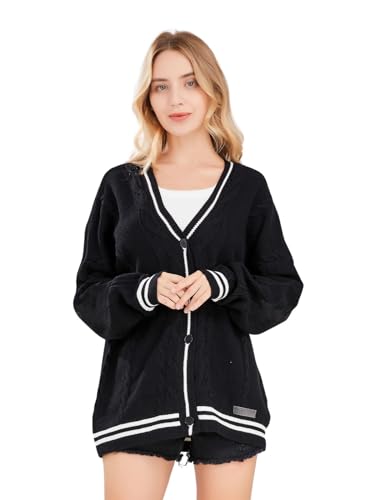 ebossy Damen Open Front Stars Bestickte Zopfmuster Cardigans Button Down Pullover Outwear, Schwarz, Klein von ebossy