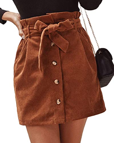 ebossy Damen Paperbag High Waist Button Front Cord Mini Rock mit Gürtel, Braun, Groß von ebossy