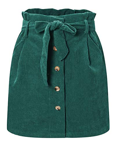 ebossy Damen Paperbag High Waist Button Front Cord Mini Rock mit Gürtel, Grün , Mittel von ebossy