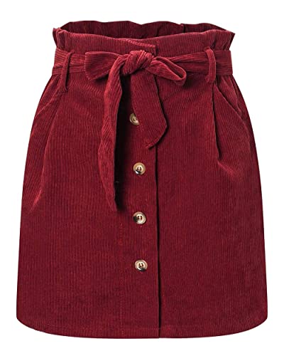 ebossy Damen Paperbag High Waist Button Front Cord Mini Rock mit Gürtel, Rot/Ausflug, einfarbig (Getaway Solids), Mittel von ebossy