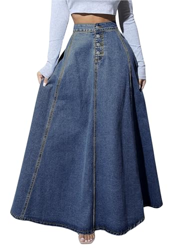 ebossy Damen Retro High Waist Button Fly Flared Long Jeans Röcke Plissee Flowy Swing A-Linie Denim Maxi Röcke, Dunkelblau, Groß von ebossy
