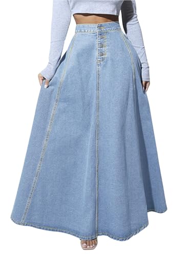 ebossy Damen Retro High Waist Button Fly Flared Long Jeans Röcke Plissee Flowy Swing A-Linie Denim Maxi Röcke, Hell, blau, Klein von ebossy