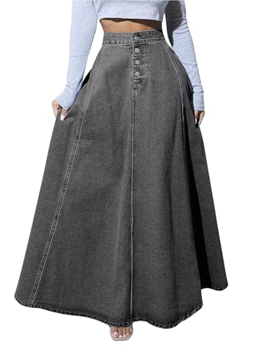 ebossy Damen Retro High Waist Button Fly Flared Long Jeans Röcke Plissee Flowy Swing A-Linie Denim Maxi Röcke, grau dunkel, Klein von ebossy