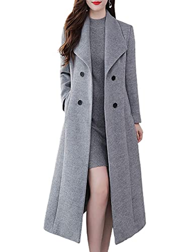 ebossy Damen Schalkragen Zweireihig Unterhalb des Knies schmal Wolle Trenchcoat Lang Mantel, grau, Large von ebossy