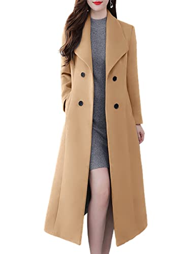 ebossy Damen Schalkragen Zweireihig Unterhalb des Knies schmal Wolle Trenchcoat Lang Mantel, hellbraun, Medium von ebossy