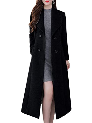 ebossy Damen Schalkragen Zweireihig Unterhalb des Knies schmal Wolle Trenchcoat Lang Mantel, schwarz, Large von ebossy