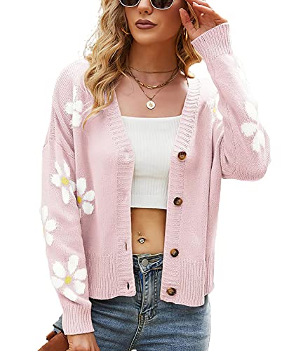 ebossy Damen Strickjacke, gerippt, lässig, niedliches Lächeln, Grafik, hübsches Gänseblümchen, Knopfleiste, Jacquard-Strickpullover, 02 Pink, Klein von ebossy