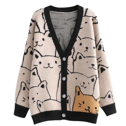 ebossy Damen Strickjacke Kawaii Cartoon Katze Japanisch Ästhetisch Button Down Jacquard Knit Sweater Mantel, Beige, X-Groß von ebossy