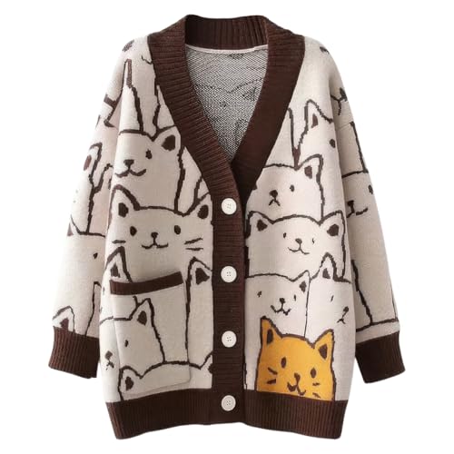 ebossy Damen Strickjacke Kawaii Cartoon Katze Japanisch Ästhetisch Button Down Jacquard Knit Sweater Mantel, Kaffee, X-Groß von ebossy