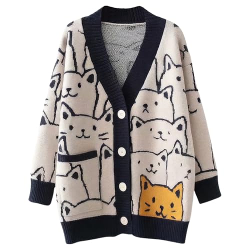 ebossy Damen Strickjacke Kawaii Cartoon Katze Japanisch Ästhetisch Button Down Jacquard Knit Sweater Mantel, Marineblau, Klein von ebossy