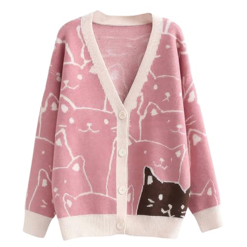 ebossy Damen Strickjacke Kawaii Cartoon Katze Japanisch Ästhetisch Button Down Jacquard Knit Sweater Mantel, Pink, Klein von ebossy