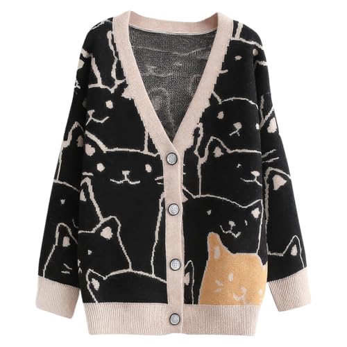 ebossy Damen Strickjacke Kawaii Cartoon Katze Japanisch Ästhetisch Button Down Jacquard Knit Sweater Mantel, Schwarz, Groß von ebossy