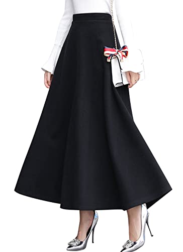 ebossy Damen Vintage Hohe Taille Wollmischung Plaid A-Linie Lang Maxi Rock mit Tasche, Pure Black, X-Groß von ebossy