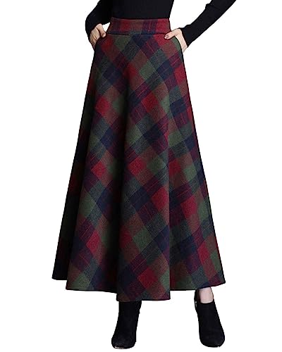 ebossy Damen Vintage Hohe Taille Wollmischung Plaid A-Linie Langer Maxirock mit Tasche, Grün, XX-Large von ebossy